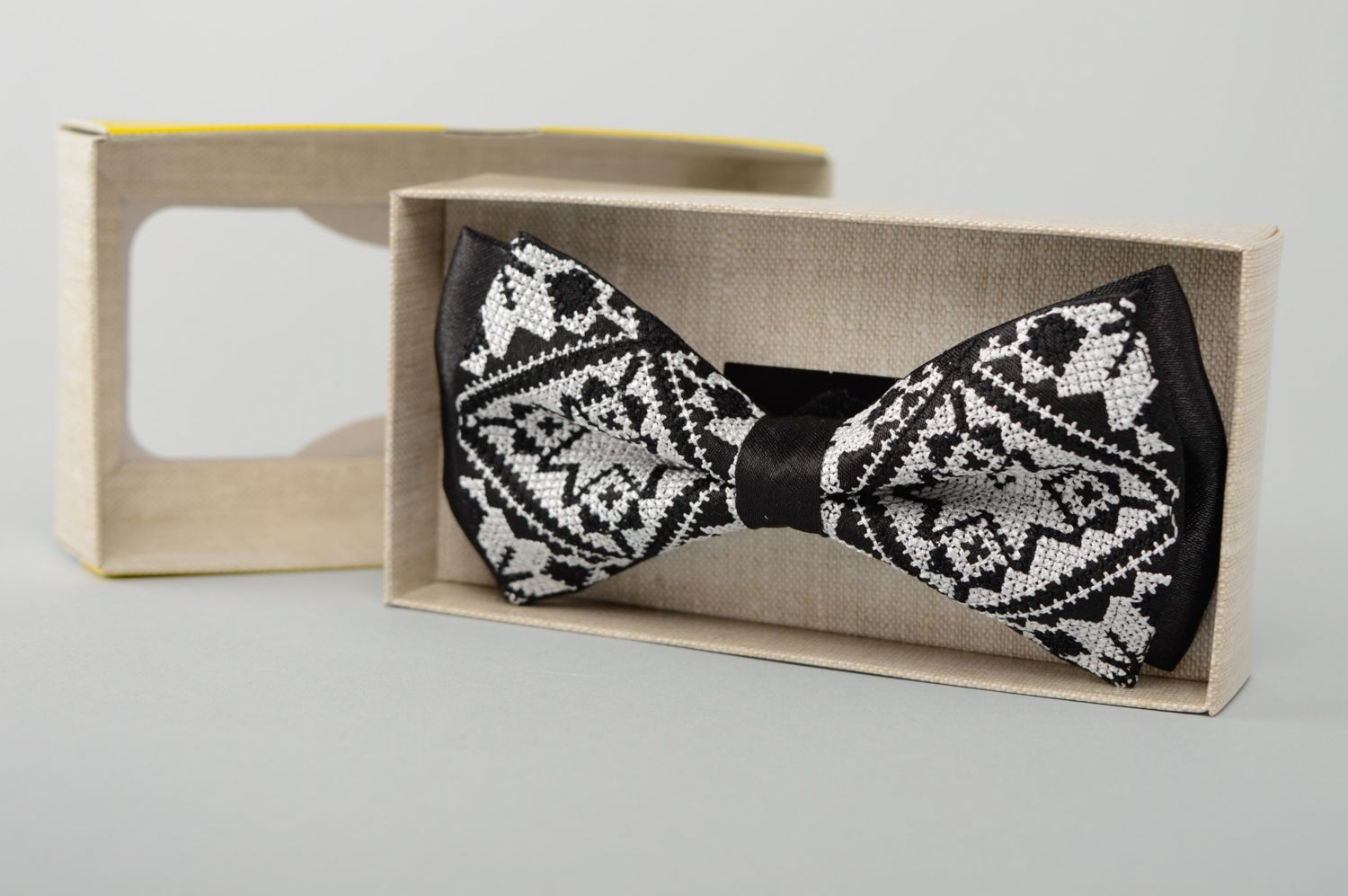 Black bow tie with cross stitch embroidery photo 2