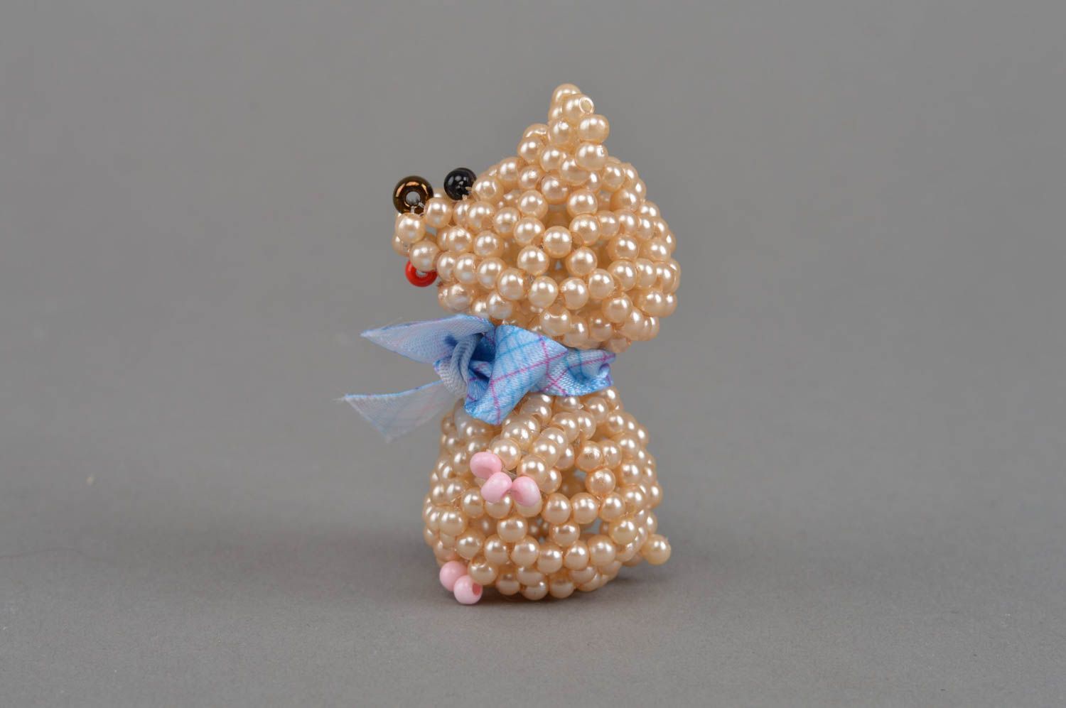 Small handmade collectible beaded statuette of cream colored bear for home decor photo 9