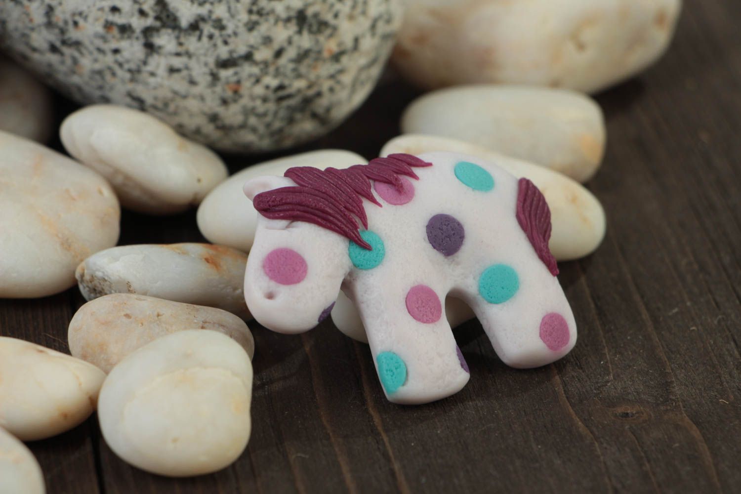 Handmade designer polymer clay brooch small white polka dot pony for children photo 1