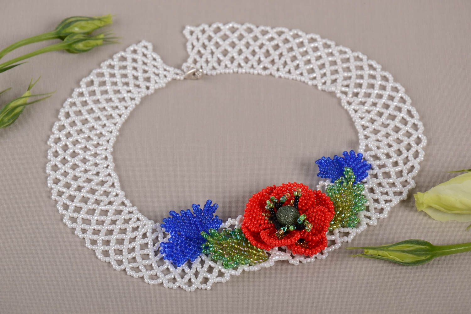 Handmade woven necklace beaded unusual jewelry stylish accessory with flower photo 1