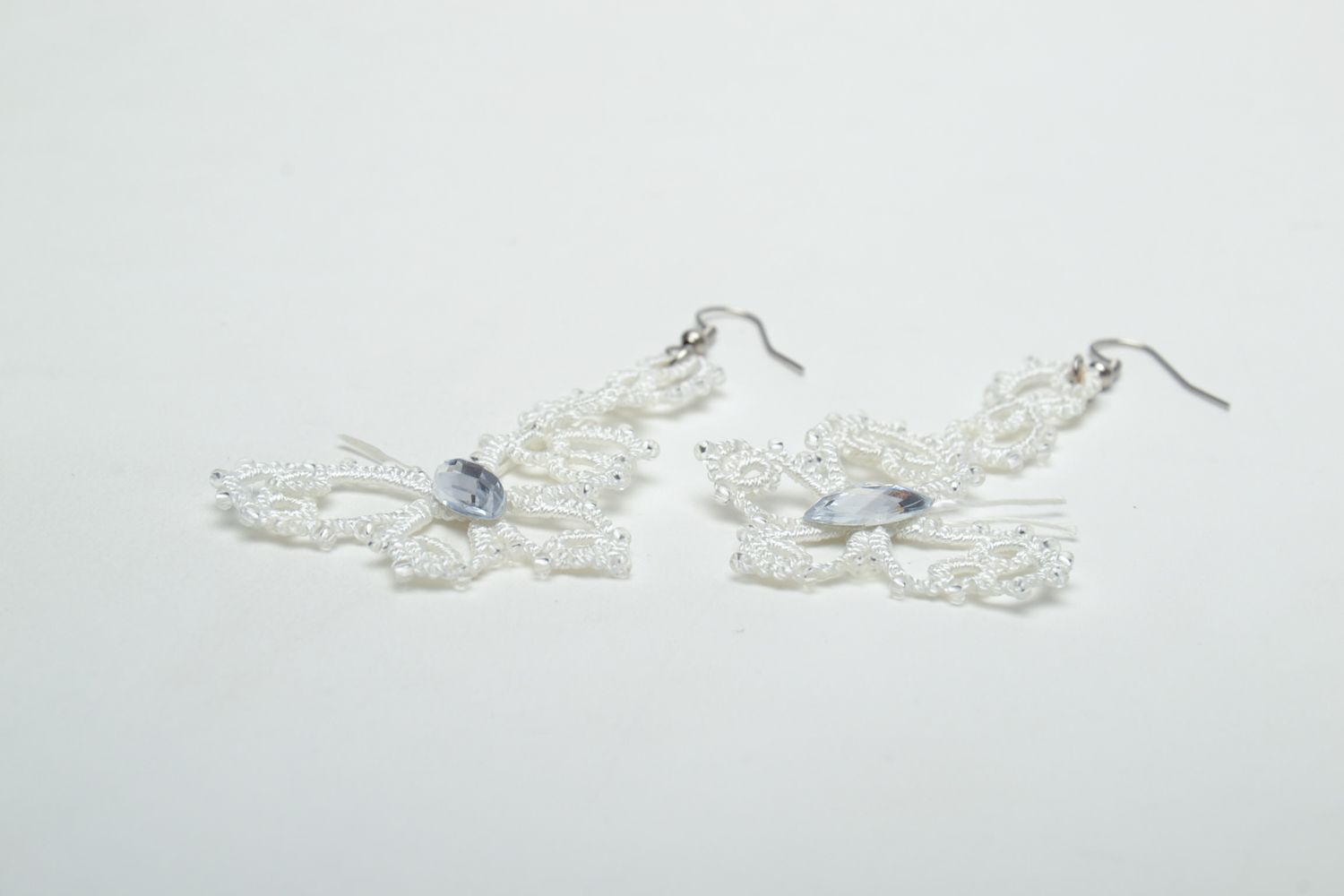 Lace earrings with beads made using tatting technique Butterflies photo 3