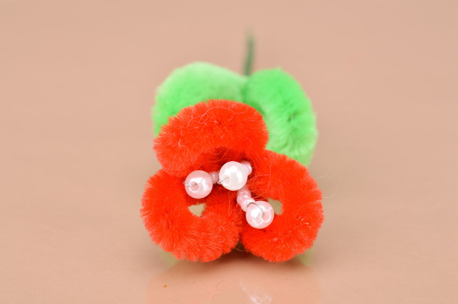 Handmade artificial flower of red color with beads for interior decoration photo 2