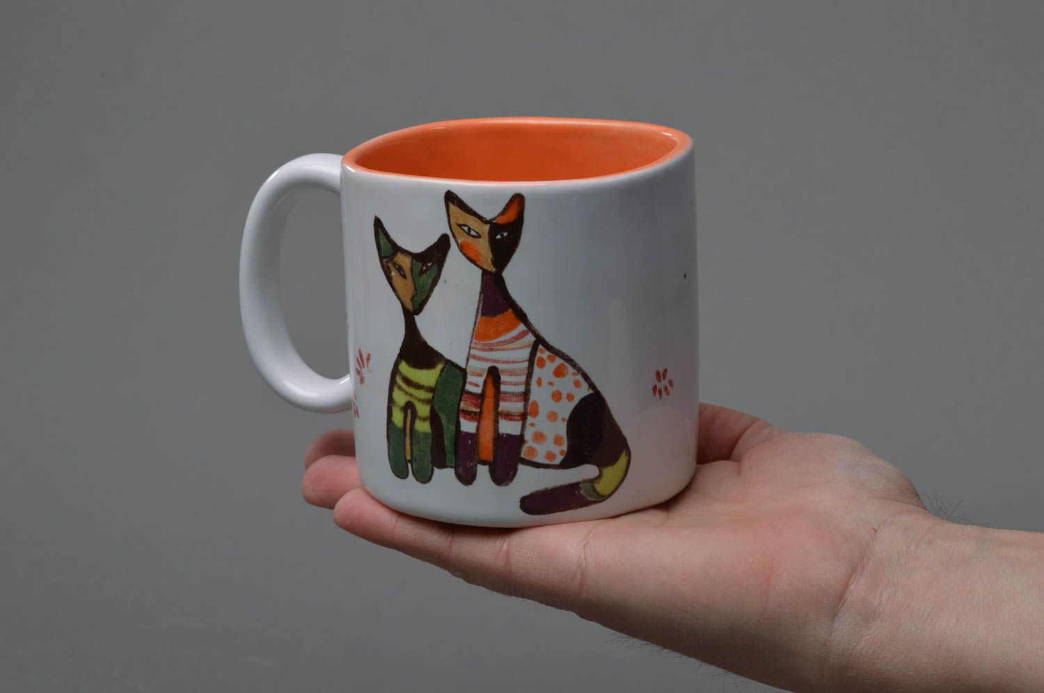 Kids ceramic white and orange drinking cup with kitties pattern photo 4