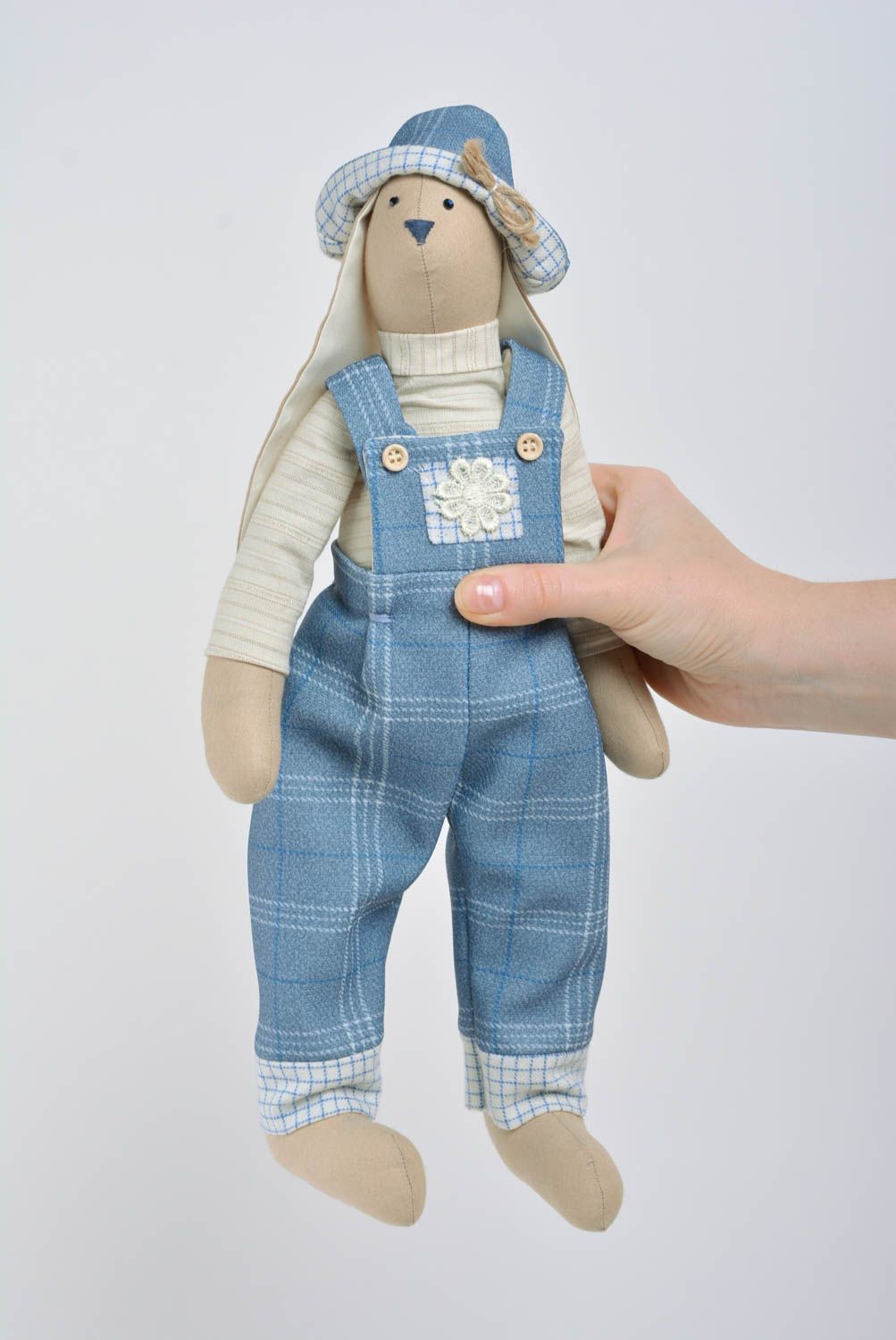 Handmade designer interior fabric soft toy rabbit boy in blue costume and hat photo 4