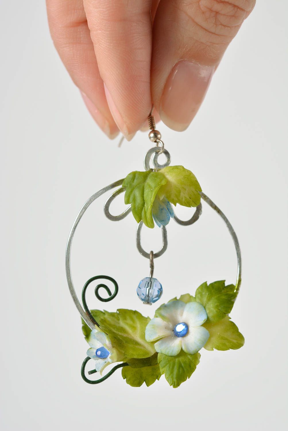 Handmade long massive polymer clay floral earrings with metal fittings photo 4