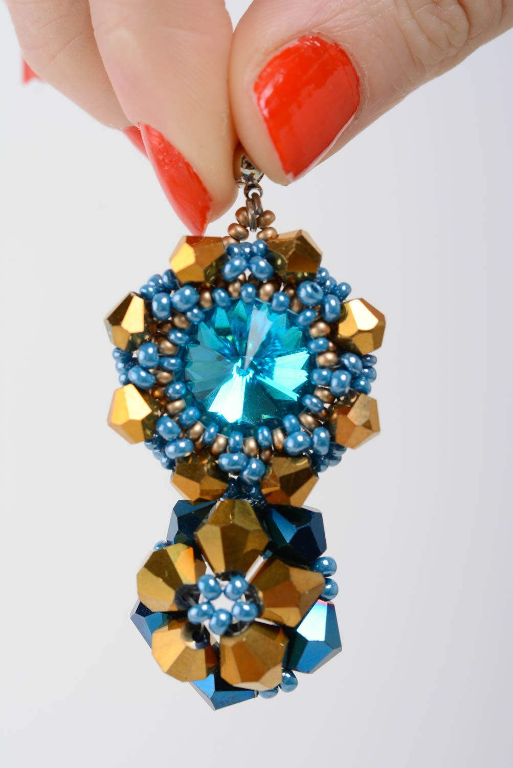 Handmade künstlerische Ohrringe aus Glasperlen und Glaskugeln in Blau und Golden foto 3