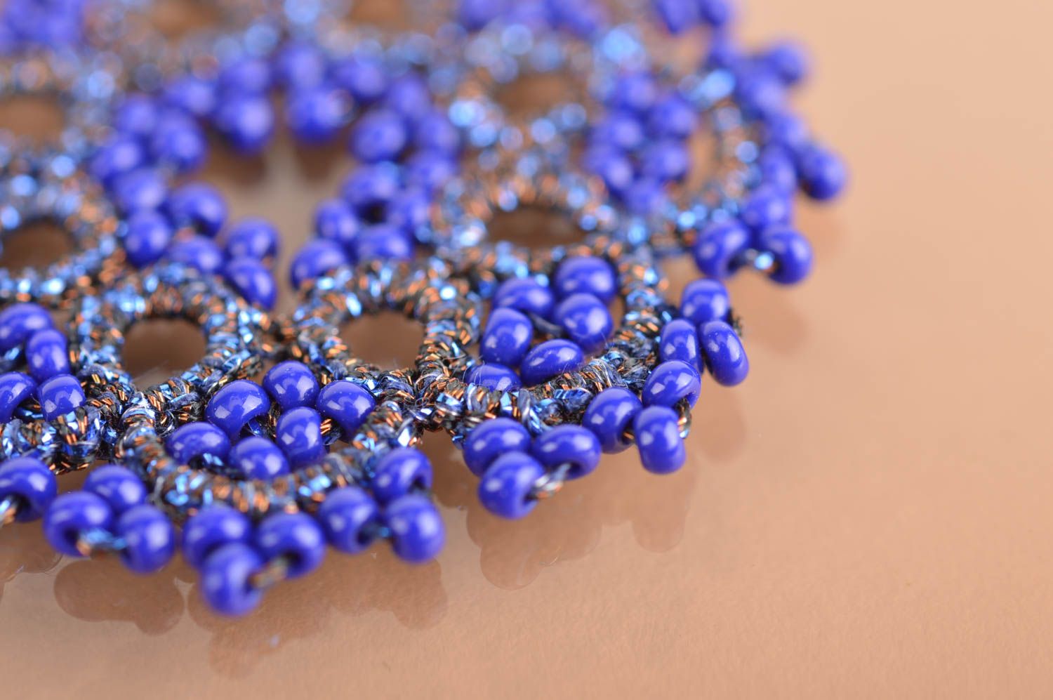 Beautiful blue handmade crohet lace earrings with beads tatting technique photo 4