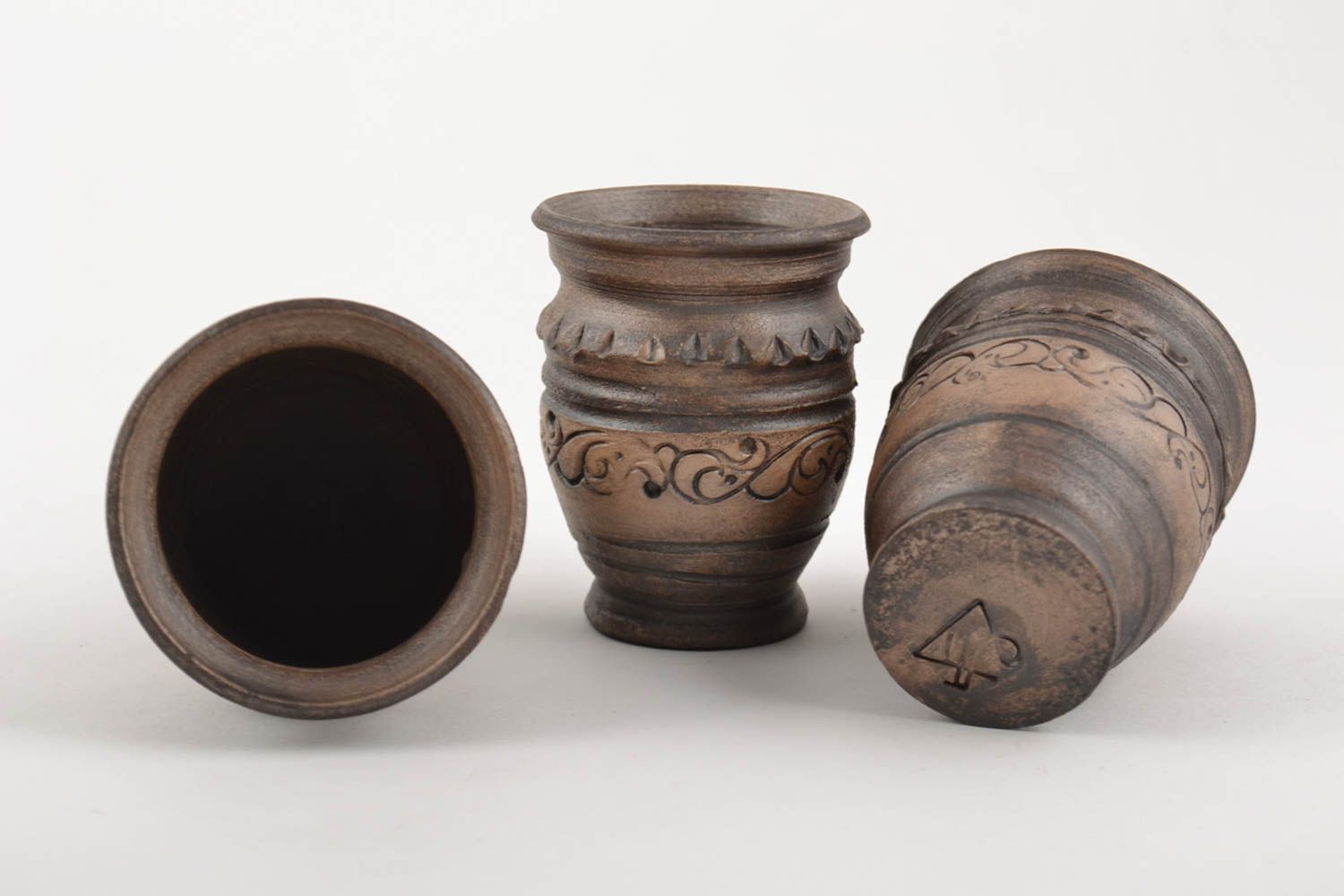 Set of handmade decorative designer ceramic ornamented shot glasses 3 items photo 4