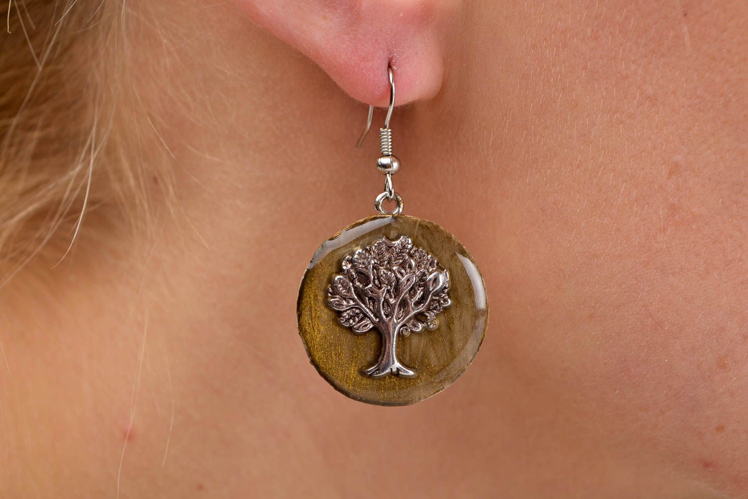 Boucles d'oreilles pendantes Bijou fait main rondes avec arbres Cadeau femme photo 2