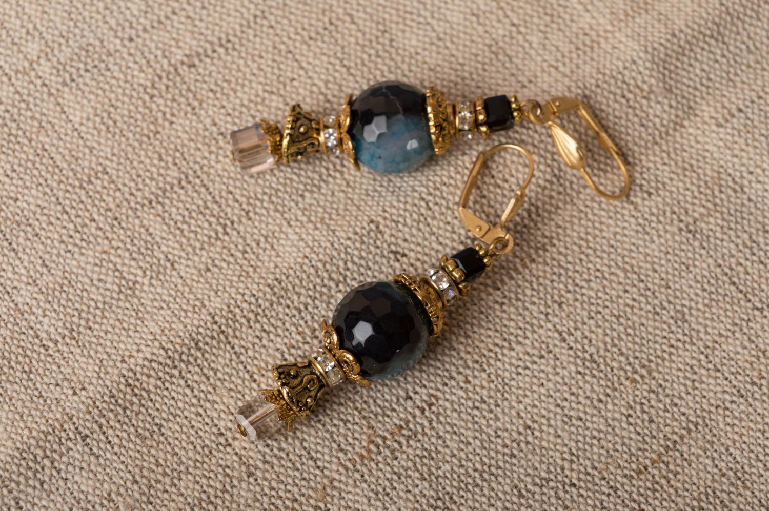 Handmade natural stones earrings brass earrings with agate and crystal photo 1
