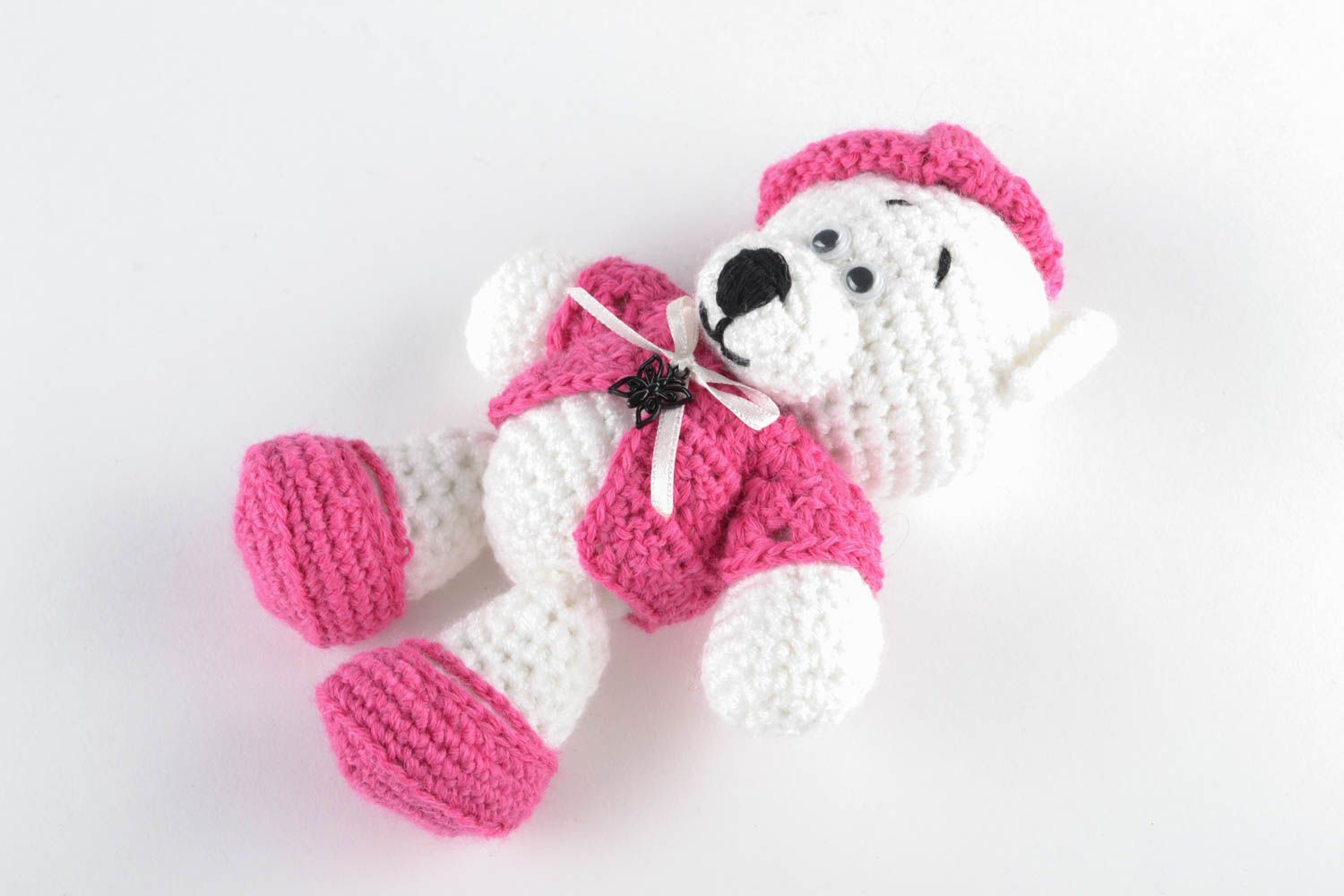 Мягкая вязаная игрушка Мишка в розовом фото 1
