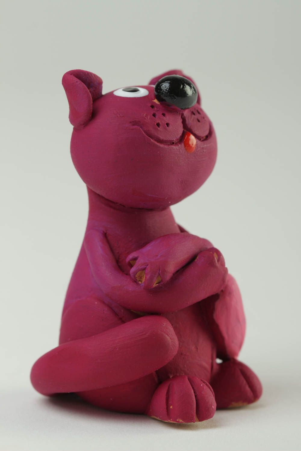 Handmade ceramic figurine unusual pink cat stylish designer statuette photo 2