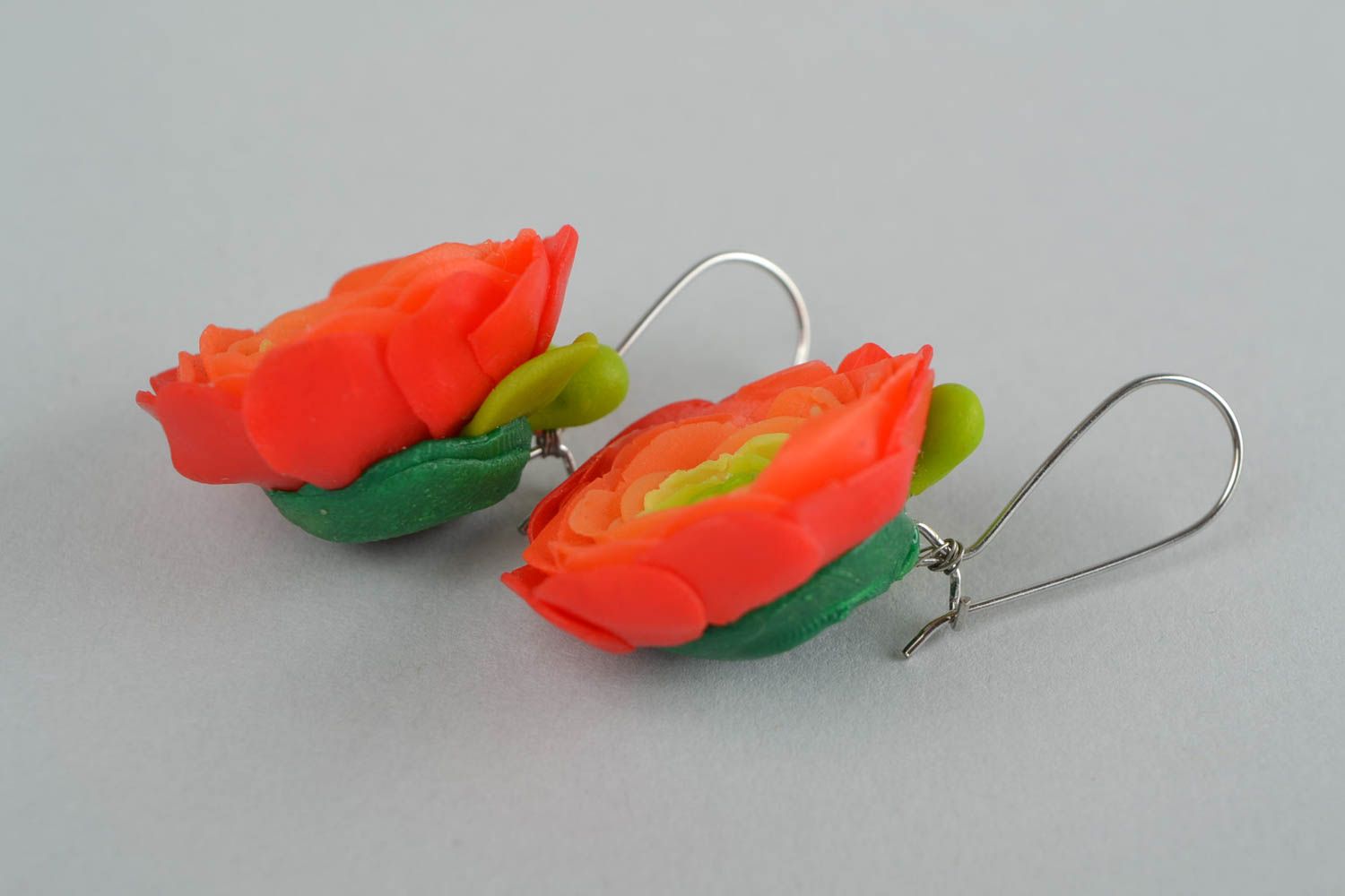 Handmade colorful big earrings made of polymer clay in shape of flowers jewelry photo 4