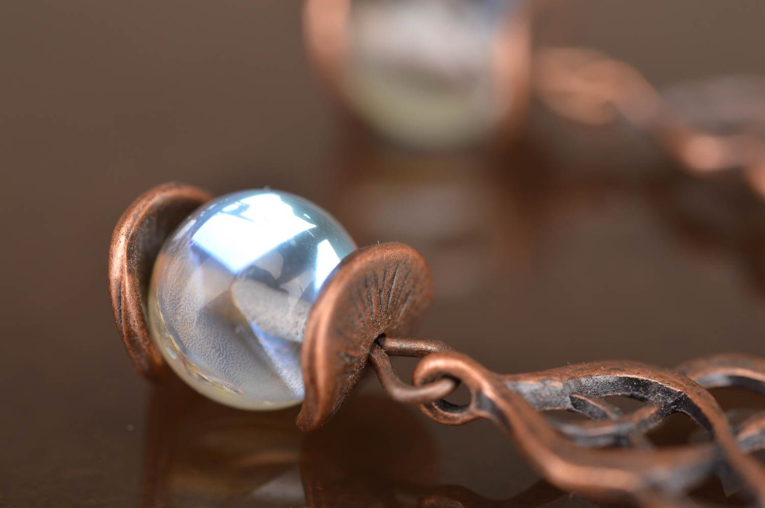 Handmade openwork stylish beautiful long earrings made of metal with beads photo 5