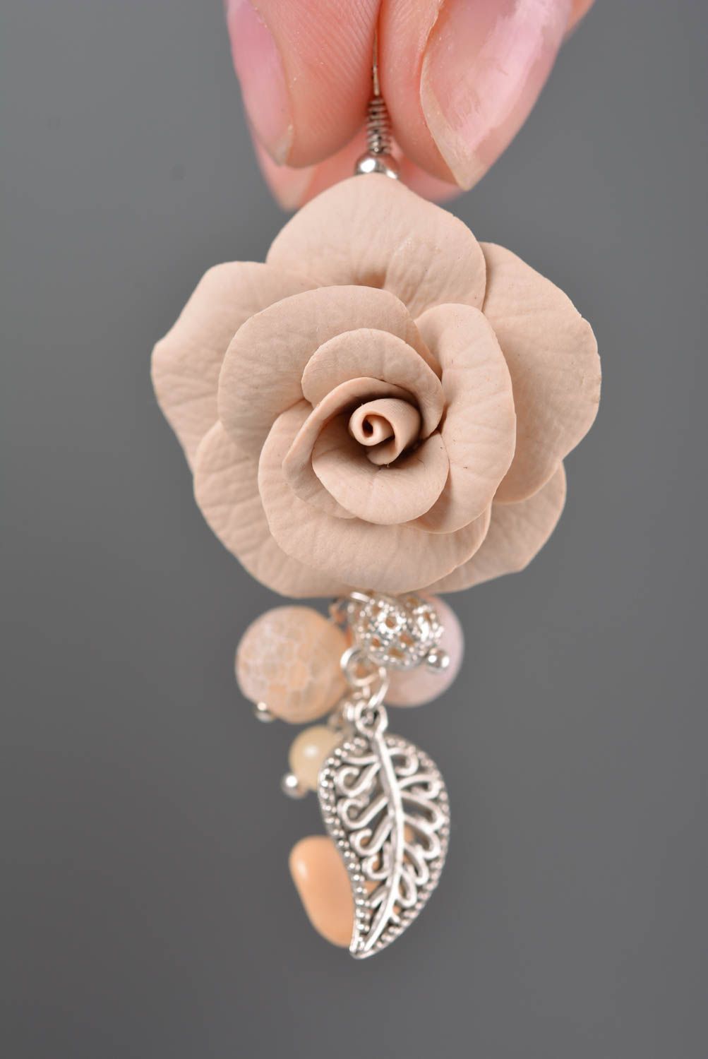Handmade designer tender polymer clay rose flower earrings with metal charms photo 3