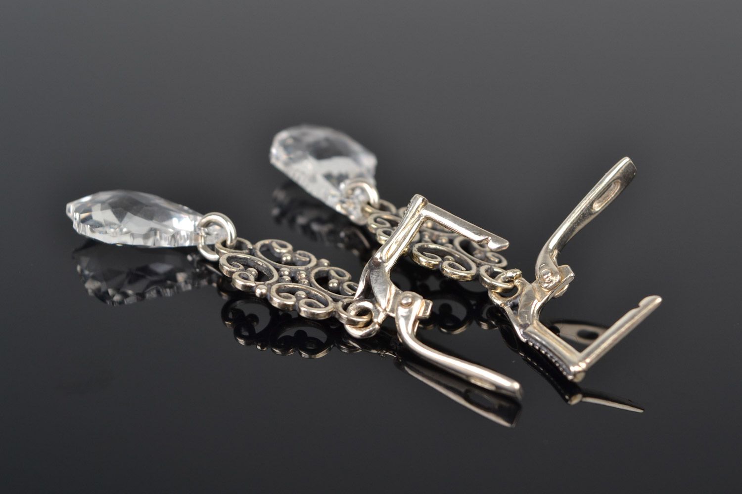 Transparent handmade designer long evening earrings with Austrian crystals photo 4