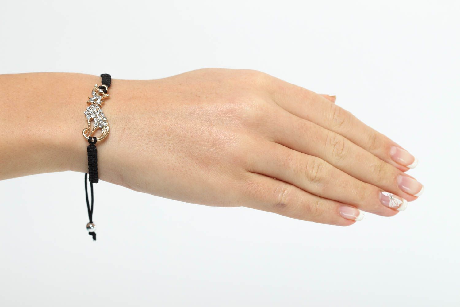 Bracelet textile noir Bijou fait main chat en métal Accessoire femme original photo 5