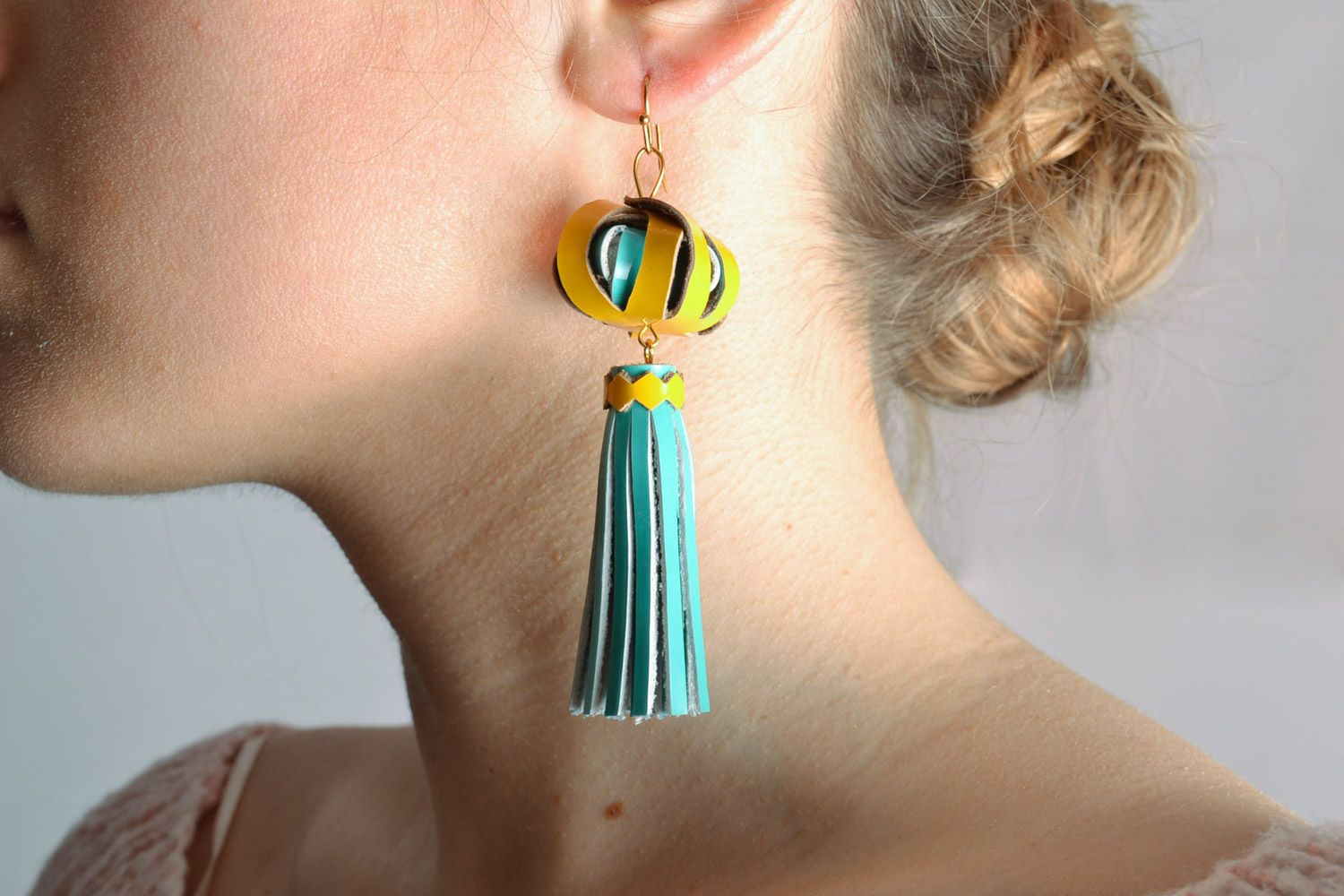 Yellow and blue handmade patent leather tassel earrings photo 1