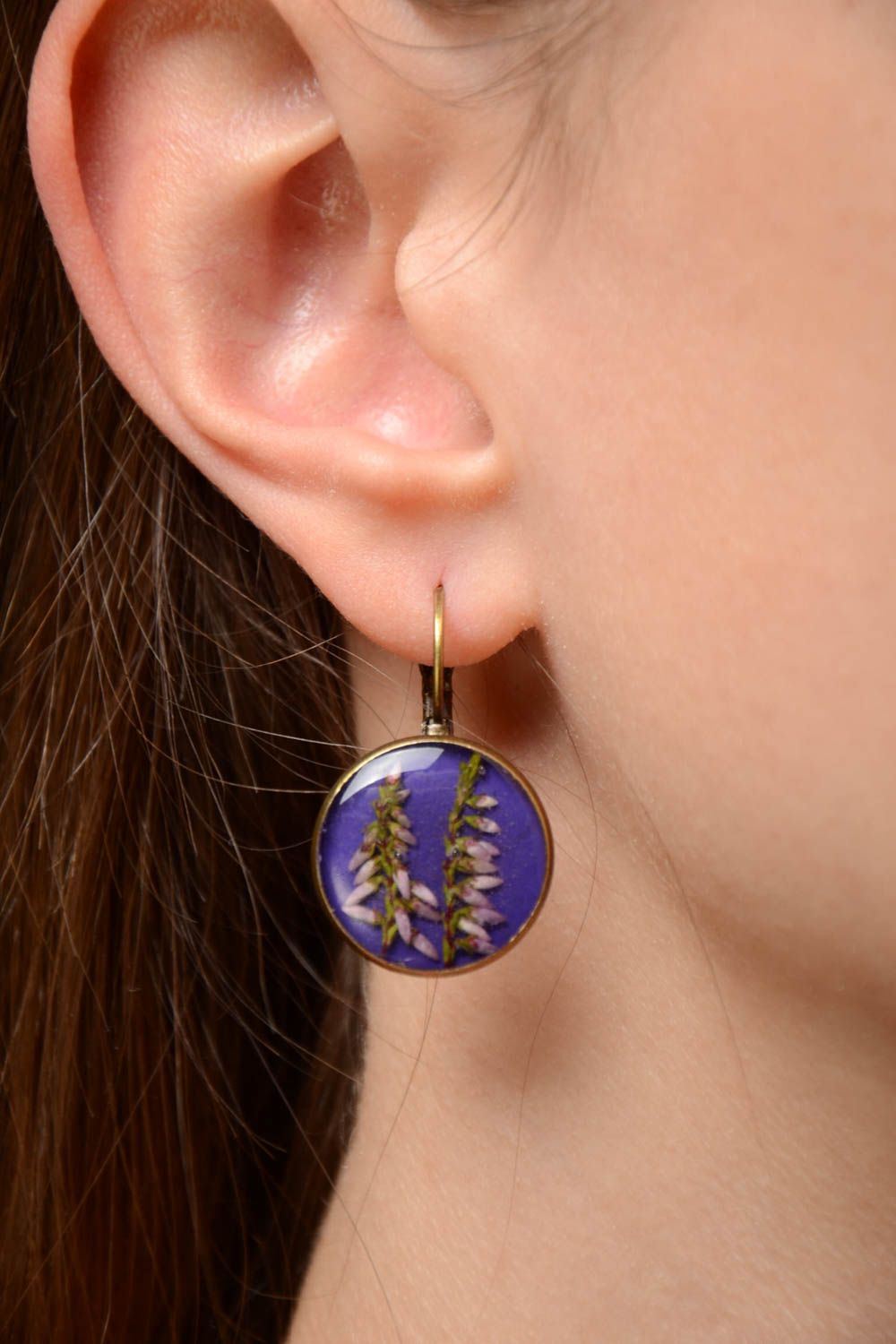 Nice handmade round epoxy resin earrings of lilac color with living plants photo 2