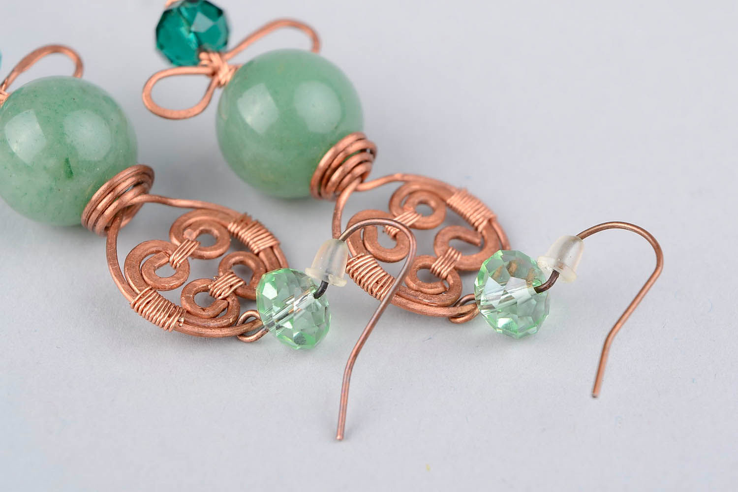 Copper earrings with greenstone and Czech crystal photo 2