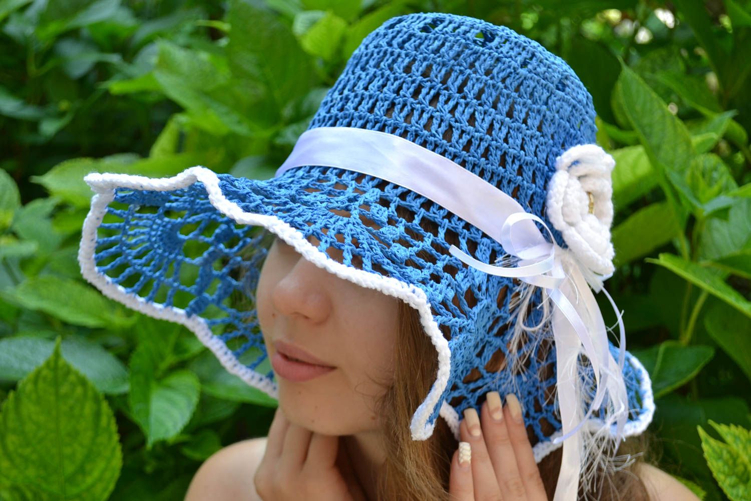 Handmade designer crocheted lacy summer hat blue and white for women photo 1