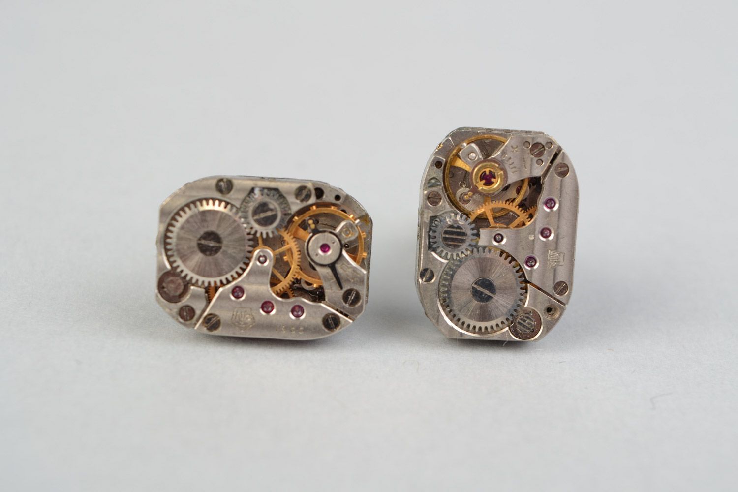 Handmade silvered clock mechanism cufflinks in steampunk style for men photo 3
