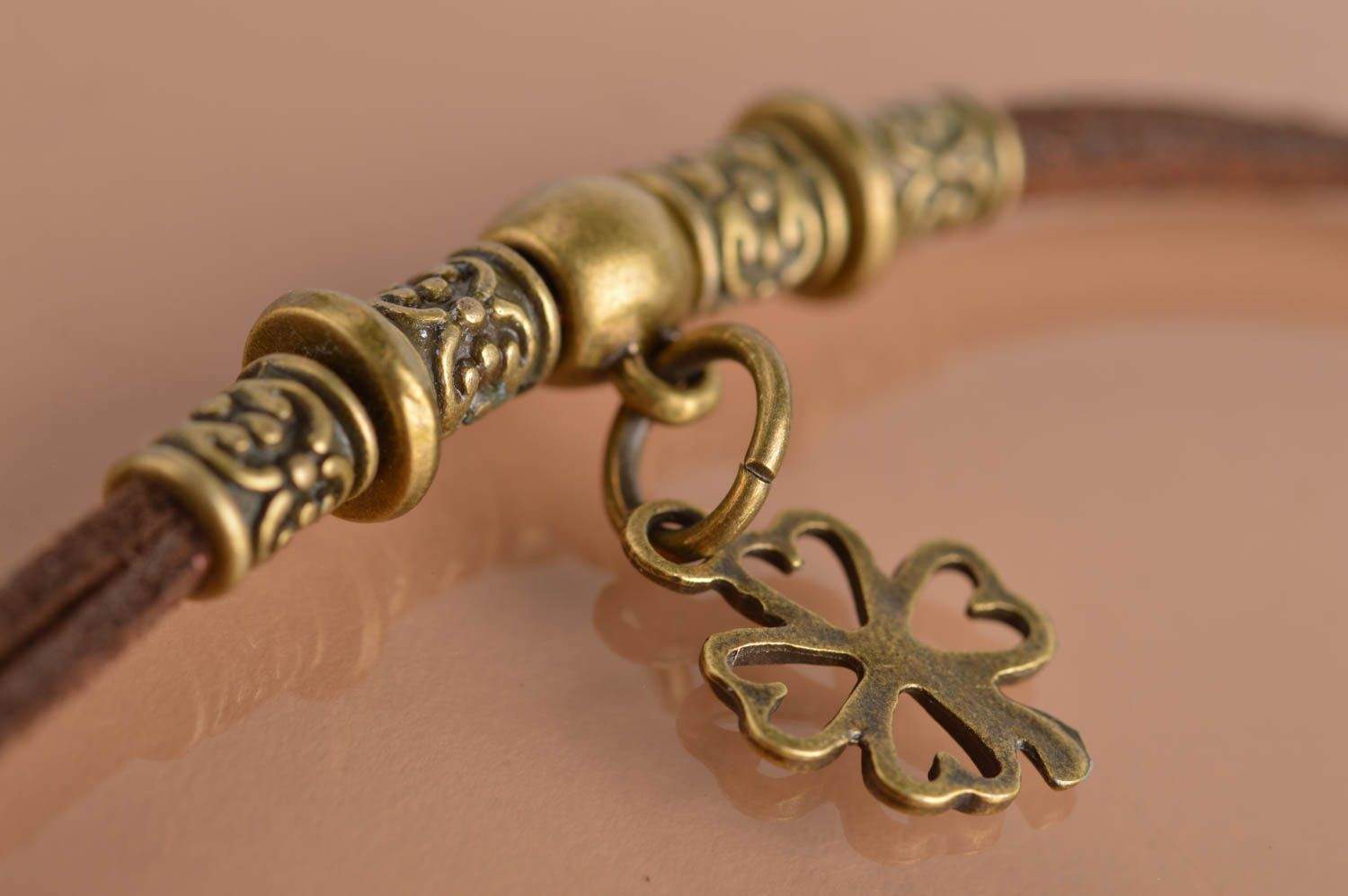 Beautiful handmade brown suede cord bracelet with metal charm photo 4