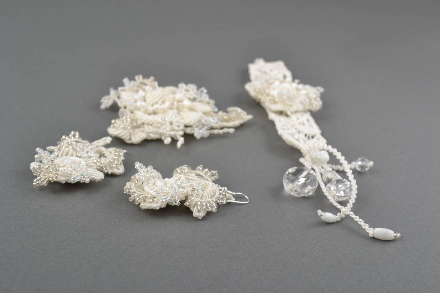 Handmade jewelry set woven earrings lace bracelet brooch jewelry beadwork ideas photo 5