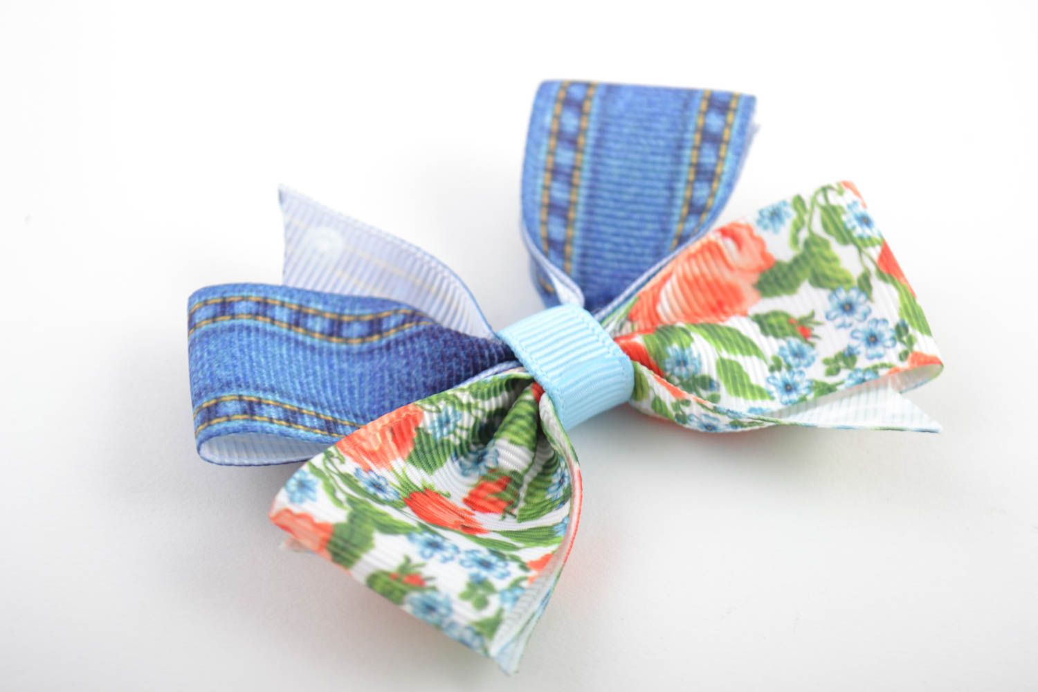 Noeud pour barrette ou élastique en ruban fait main jean et motif floral photo 3