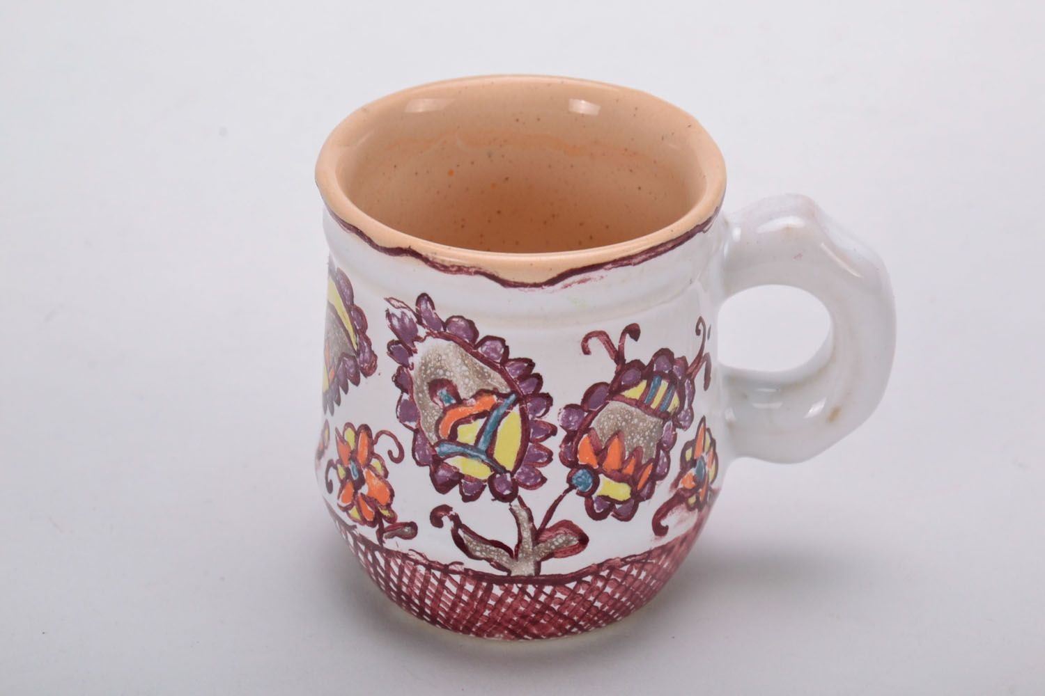 White and cherry color clay glazed decorative coffee cup with handle and beige glaze inside photo 2