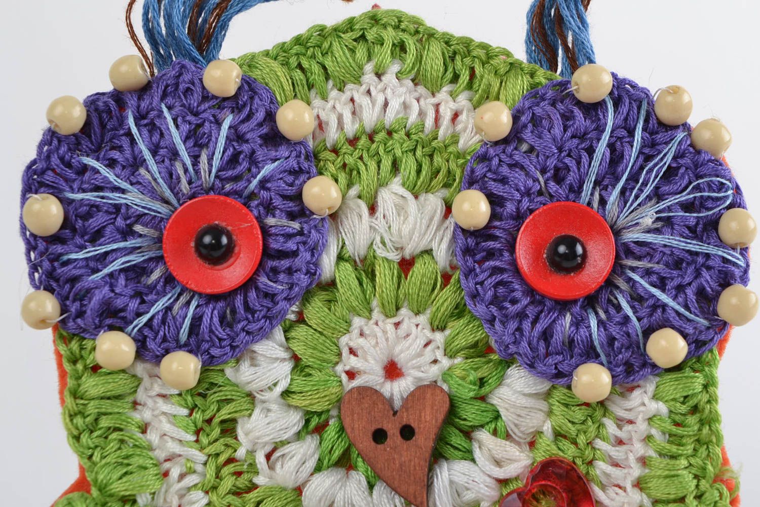 Bright unusual handmade crochet interior wall hanging with cord Owl photo 4