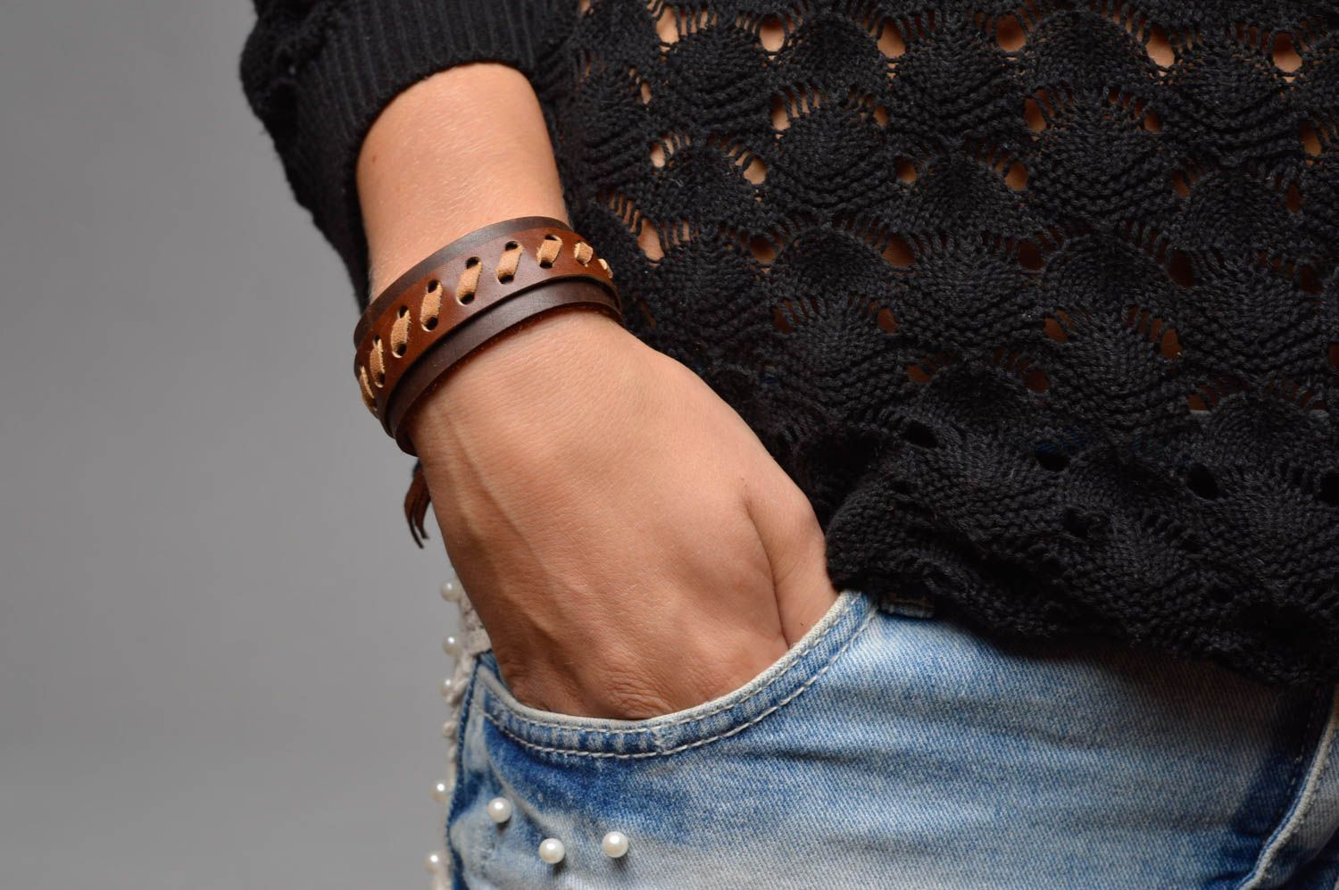 Bracelet cuir marron Bijou fait main stylé tendance original Accessoire femme photo 5