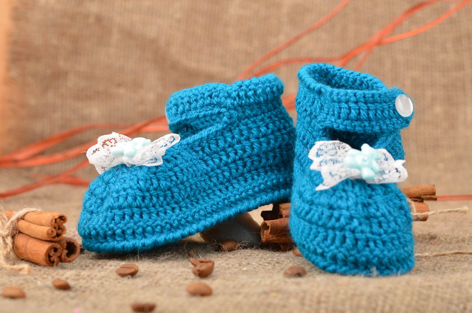 Handmade designer baby shoes crocheted of blue woolen and cotton threads  photo 1