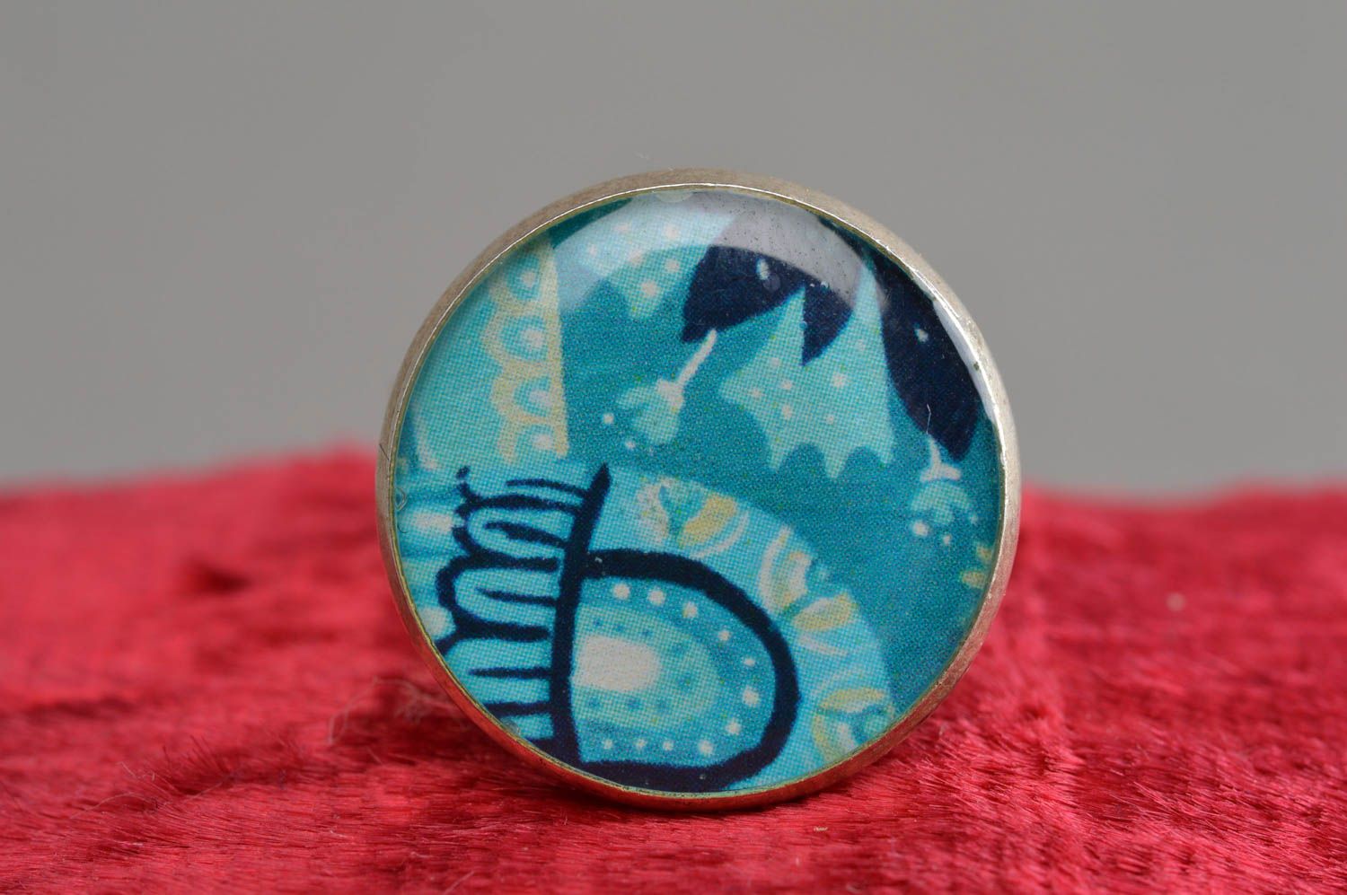 Blue handmade designer decoupage epoxy ring on metal basis photo 2