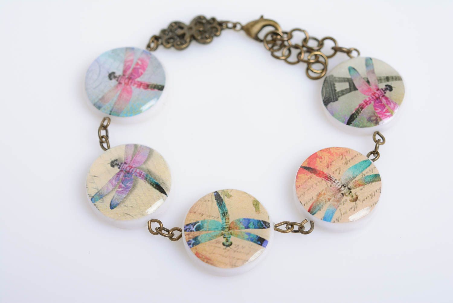 Bracelet made of polymer clay decoupage technique handmade jewelry Dragonflies photo 2
