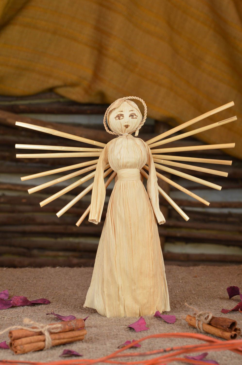 Unusual beautiful handmade designer corn husk statuette folk interior doll photo 1