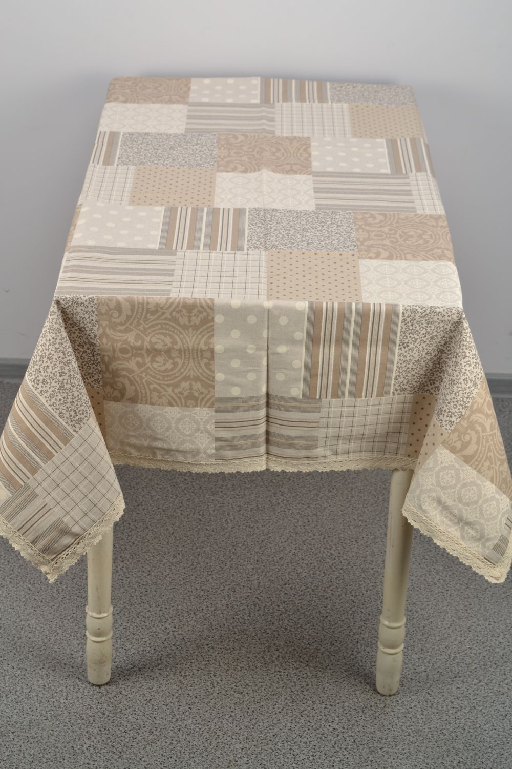 Handmade cotton and polyamide tablecloth with lace styled on patchwork photo 2