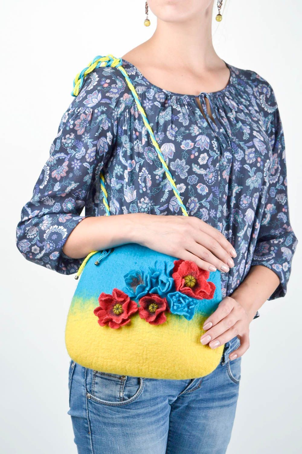 Женская сумка желтая с голубым сумка ручной работы сумка валяние с маками фото 1