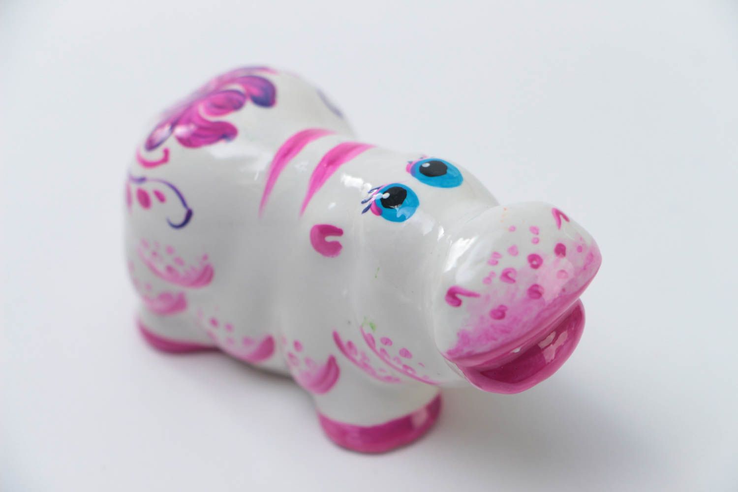 Unusual beautiful handmade plaster statuette of hippo white and pink photo 3