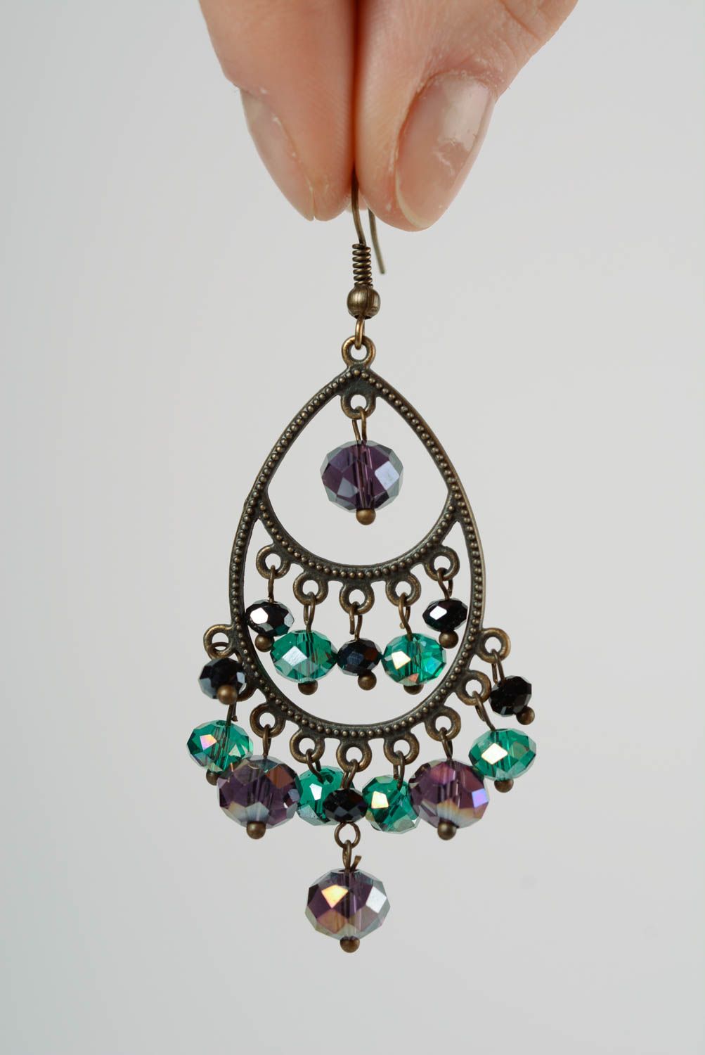 Beautiful green handmade designer crystal bead earrings on metal basis average size photo 3