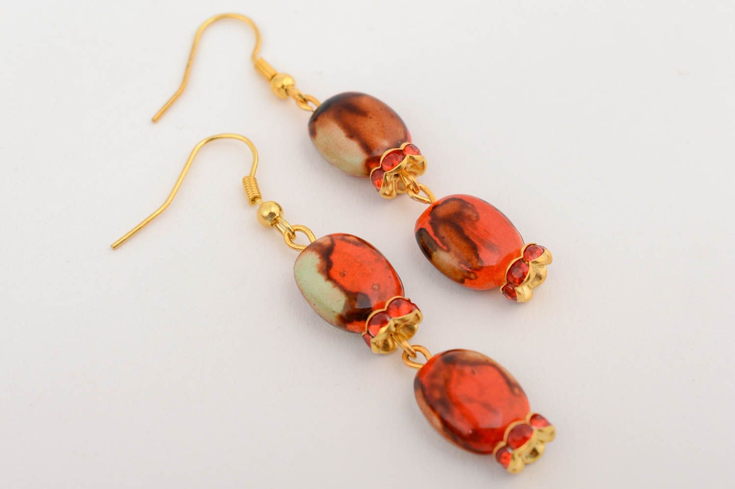 Handmade dangle earrings with plastic beads in red and brown color palette photo 2