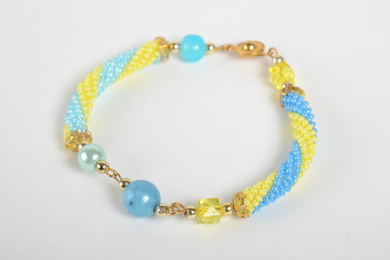 Bracelet perles de rocaille Bijou fait main bleu-jaune design Accessoire femme photo 4