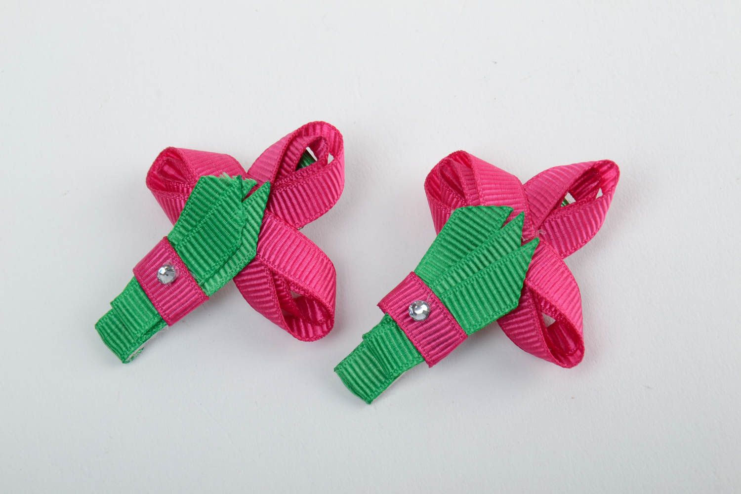 Set of handmade hairpins 2 pieces made of rep ribbons small bright children accesory photo 2