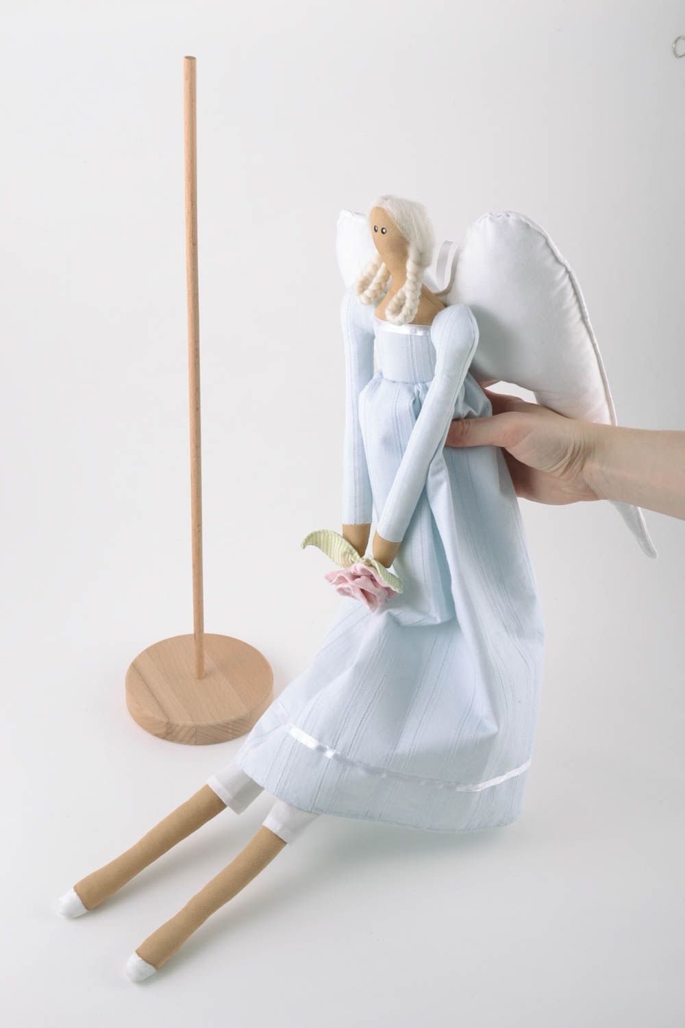 Handmade designer soft toy fairy in tender blue dress with wooden stand photo 2