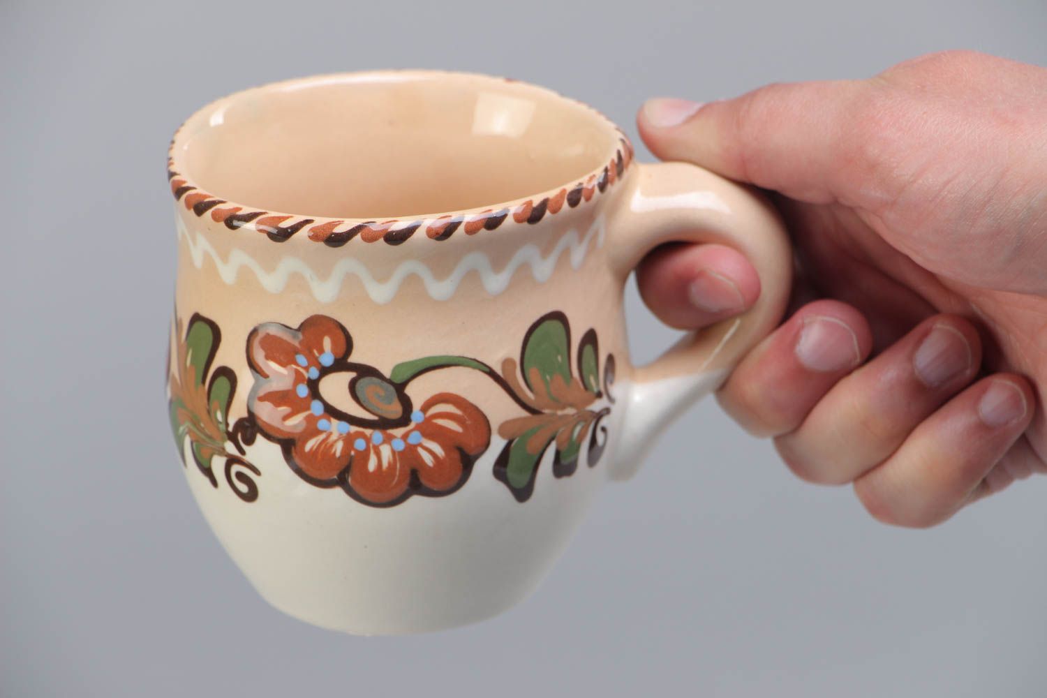 Petite tasse en céramique peinte blanc-brun faite main originale 25 cl photo 5