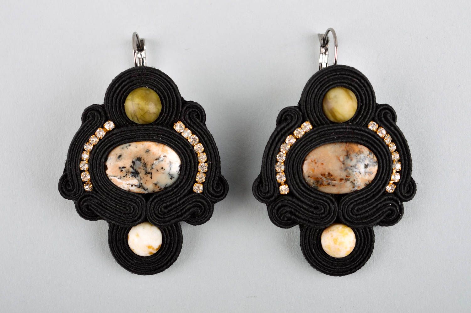 Elegant black earrings unusual soutache earrings jewelry with strasses photo 3