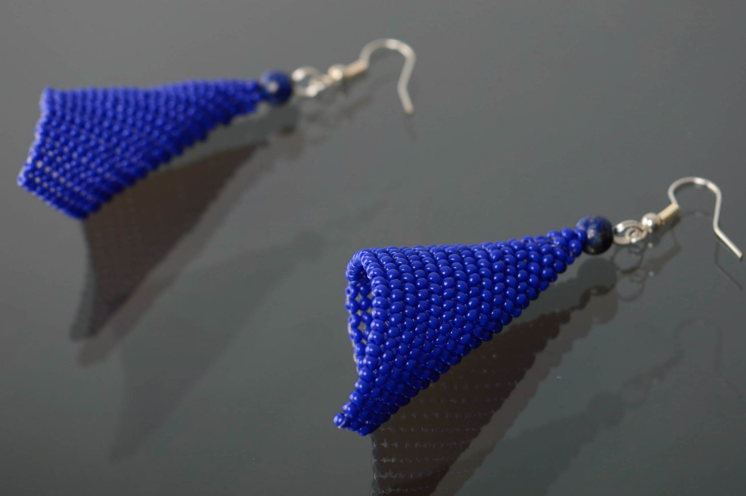 Unusual beaded earrings of blue color photo 5