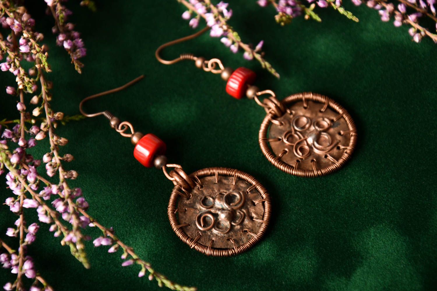 Handmade designer earrings jewelry with coral unusual copper earrings photo 1