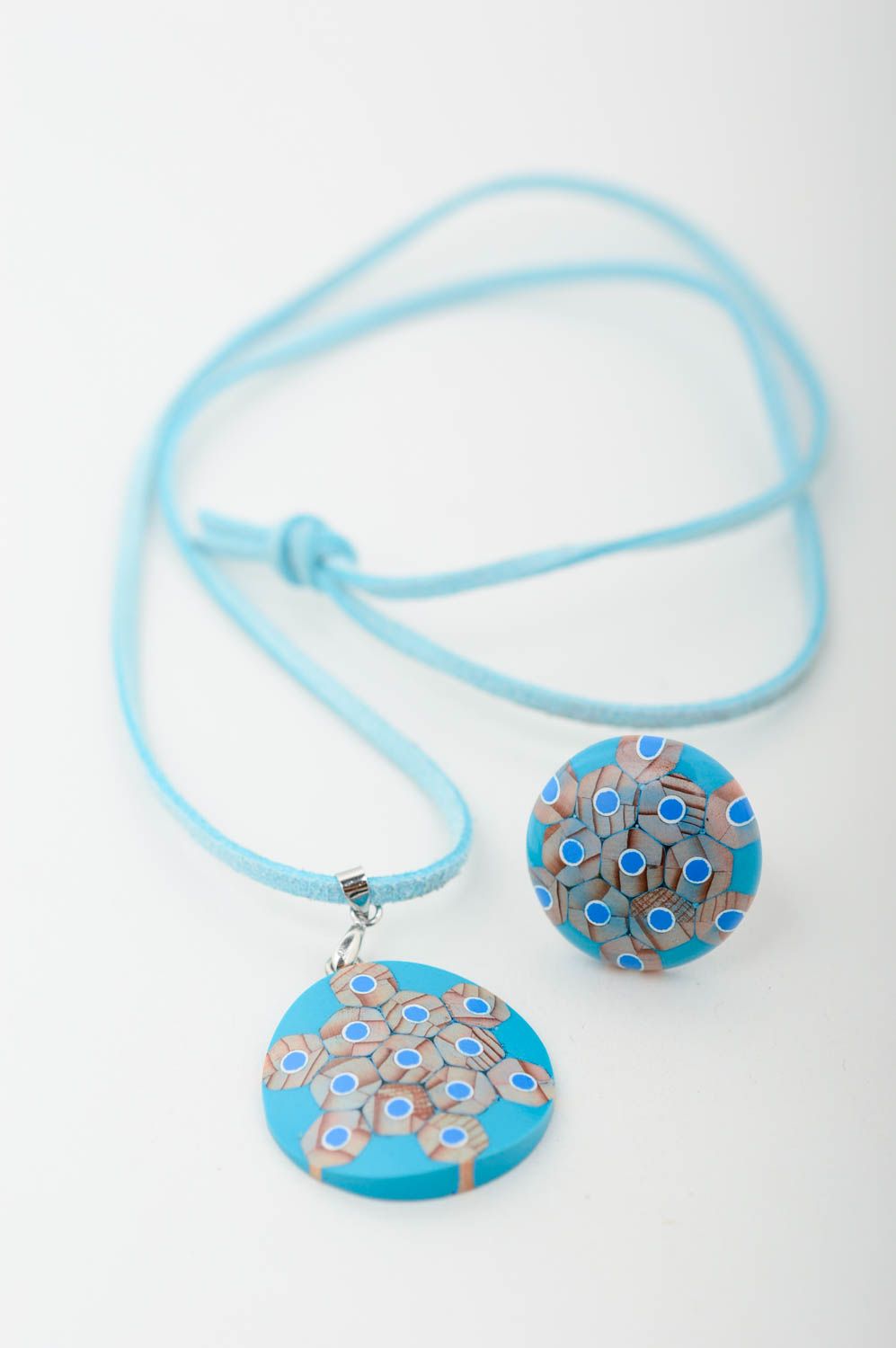 Blue unusual jewelry set handmade designer accessories feminine pendant and ring photo 3