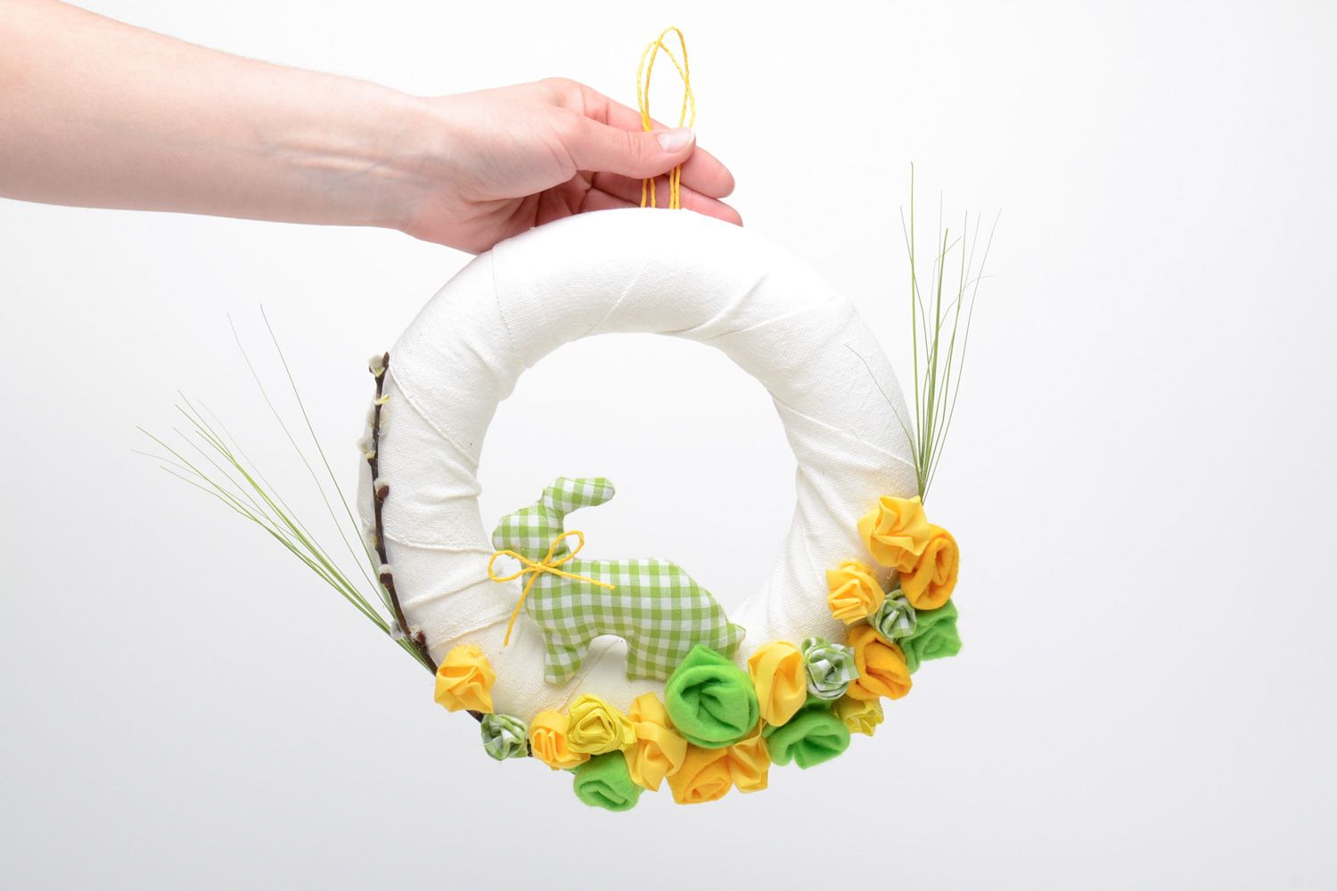 Handmade festive Easter door wreath made of fabric for decoration of interior photo 5